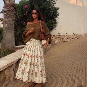 Zara Cream Floral Pleated Maxi Skirt with Pink & Orange Blooms